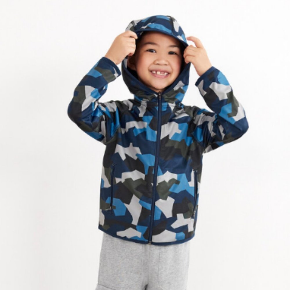 4 HANNA ANDERSSON KIDS BOYS GEOMETRIC BLUE AND BLACK HOODED JACKET SIZE 4-110 CM